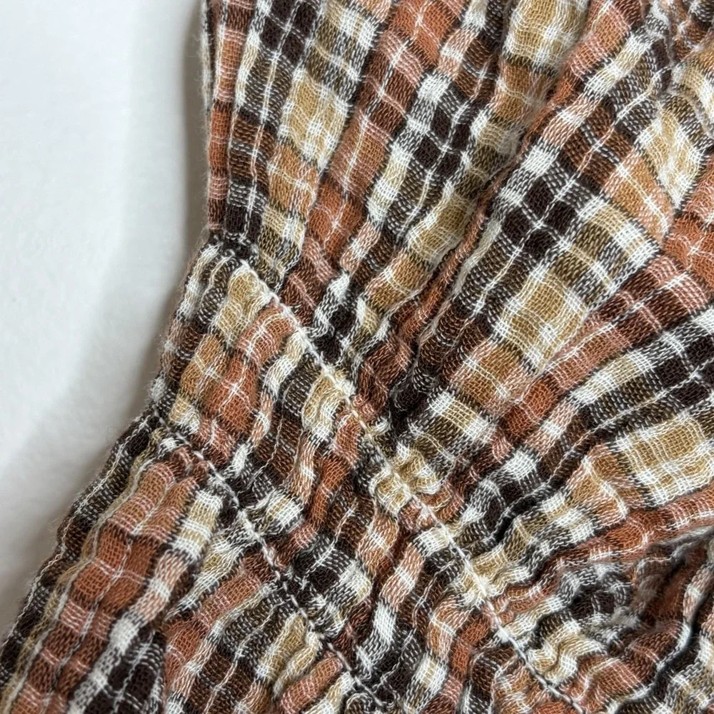 Old Navy Plaid Milkmaid Peasant Top Brown Womens M Academia Ruffled Preppy